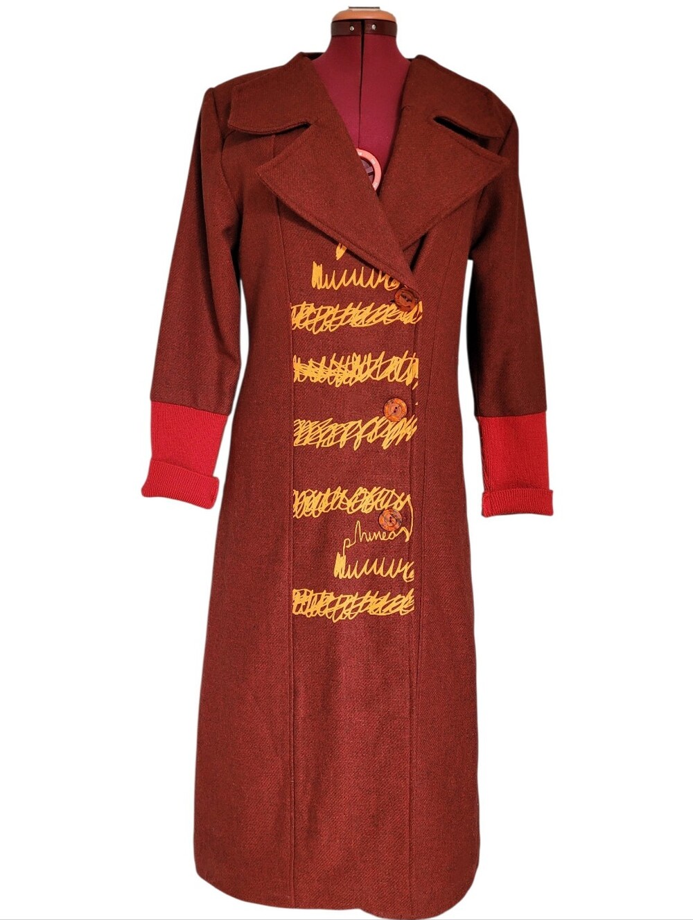 Vintage Y2K Phineas & Spain 100% Wool Long Trench Coat Whimsigoth Abstract Red